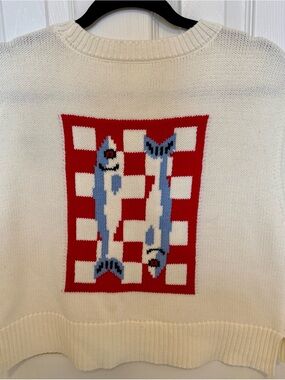 Women’s Cream Knit Sweater Vest with Red Checker and Blue Sardine Motif on Back